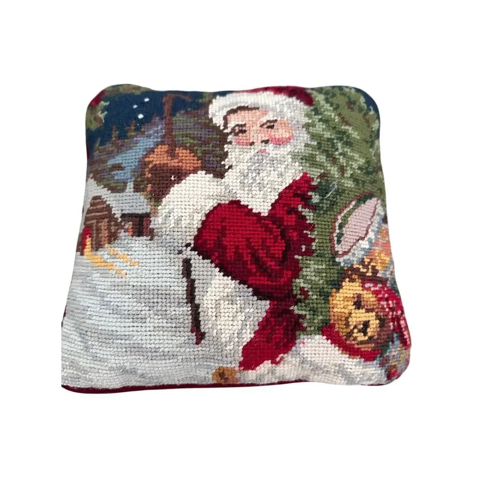 Vintage Pillow Wool Cotton Needlepoint Zip Santa Christmas